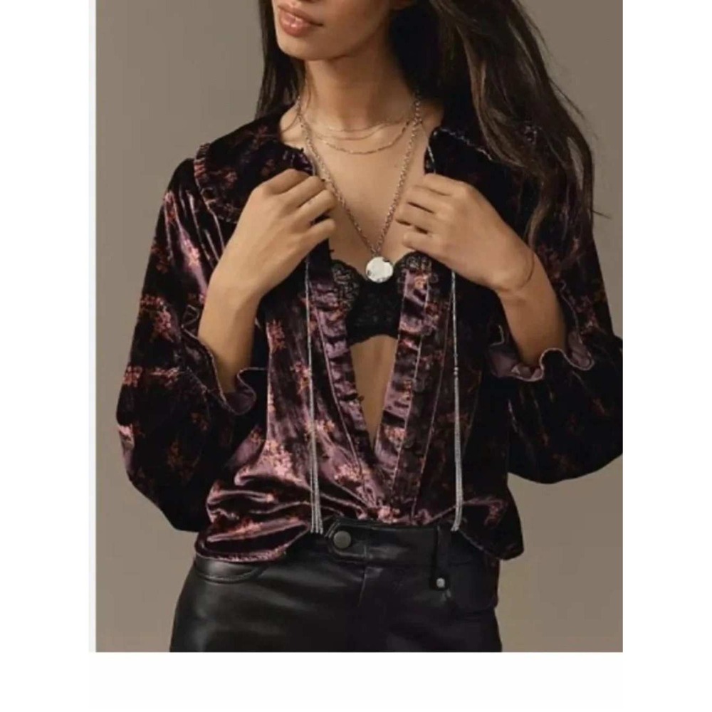 Pilcro Keira Velvet Floral Blouse Top Small Ruffle Collar Dark Romantic Witchy